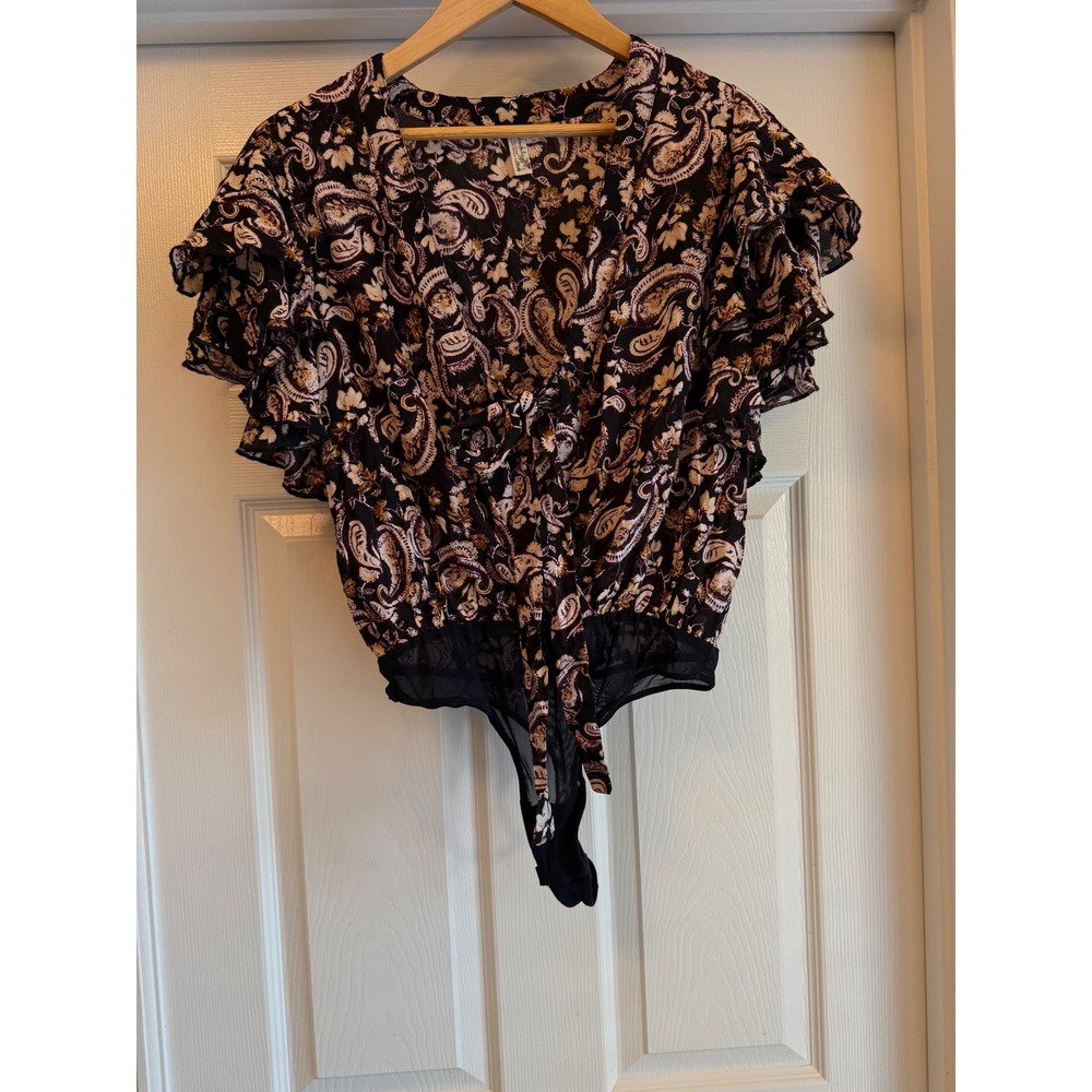 Free People Intimately Bodysuit Womens Small Black Paisley Ruffle Tie Front Boho
